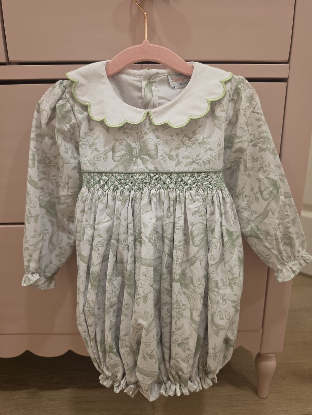 Lovely Mila Smocks Green Bow-Print Smocked Baby Bubble Peter Pan Collar Size 2t